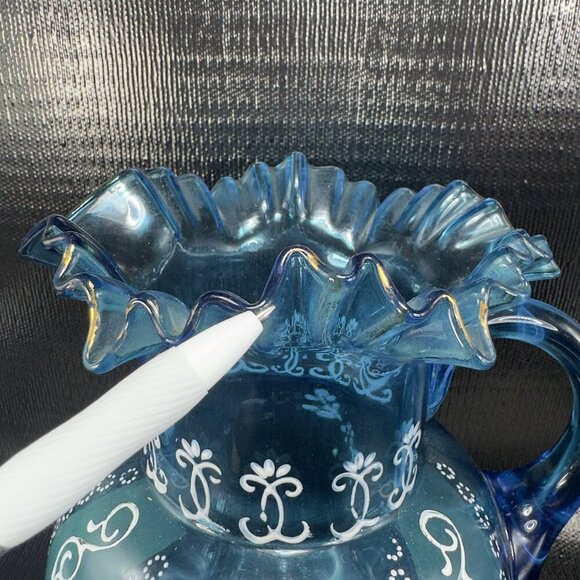 Antique Victorian Glass Pitcher Blue Enameled Crimped Rim Manganese 365nm Glow - Picture 8 of 16